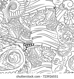 Seamless mehndi vector pattern. Hand-made illustration. Black and white binary pattern, monochrome doodle texture.