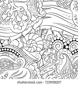 Seamless mehndi vector pattern. Hand-made illustration. Black and white binary pattern, monochrome doodle texture.
