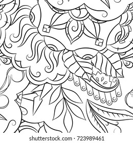 Seamless mehndi vector pattern. Hand-made illustration. Black and white binary pattern, monochrome doodle texture.