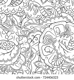 Seamless mehndi vector pattern. Hand-made illustration. Black and white binary pattern, monochrome doodle texture.