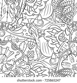 Seamless mehndi vector pattern. Hand-made illustration. Black and white binary pattern, monochrome doodle texture.