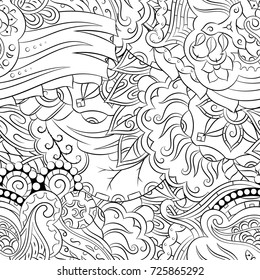 Seamless mehndi vector pattern. Hand-made illustration. Black and white binary pattern, monochrome doodle texture.