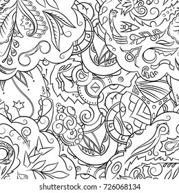 Seamless mehndi vector pattern. Hand-made illustration. Black and white binary pattern, monochrome doodle texture.
