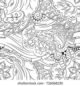 Seamless mehndi vector pattern. Hand-made illustration. Black and white binary pattern, monochrome doodle texture.