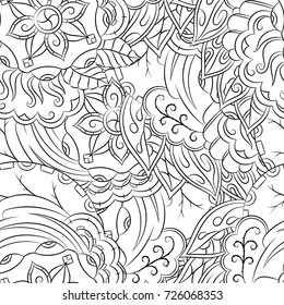 Seamless mehndi vector pattern. Hand-made illustration. Black and white binary pattern, monochrome doodle texture.