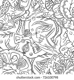 Seamless mehndi vector pattern. Hand-made illustration. Black and white binary pattern, monochrome doodle texture.