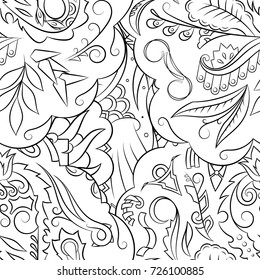 Seamless mehndi vector pattern. Hand-made illustration. Black and white binary pattern, monochrome doodle texture.