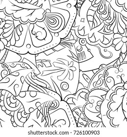 Seamless mehndi vector pattern. Hand-made illustration. Black and white binary pattern, monochrome doodle texture.