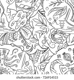Seamless mehndi vector pattern. Hand-made illustration. Black and white binary pattern, monochrome doodle texture.