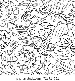Seamless mehndi vector pattern. Hand-made illustration. Black and white binary pattern, monochrome doodle texture.