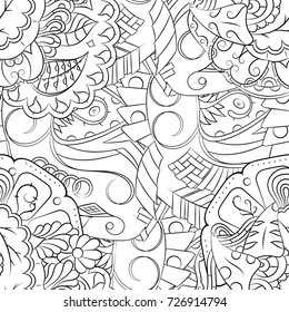 Seamless mehndi vector pattern. Hand-made illustration. Black and white binary pattern, monochrome doodle texture.