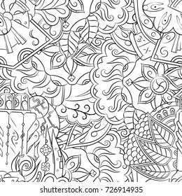 Seamless mehndi vector pattern. Hand-made illustration. Black and white binary pattern, monochrome doodle texture.