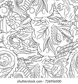 Seamless mehndi vector pattern. Hand-made illustration. Black and white binary pattern, monochrome doodle texture.