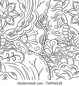 Seamless mehndi vector pattern. Hand-made illustration. Black and white binary pattern, monochrome doodle texture.