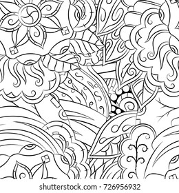 Seamless mehndi vector pattern. Hand-made illustration. Black and white binary pattern, monochrome doodle texture.