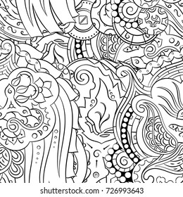 Seamless mehndi vector pattern. Hand-made illustration. Black and white binary pattern, monochrome doodle texture.