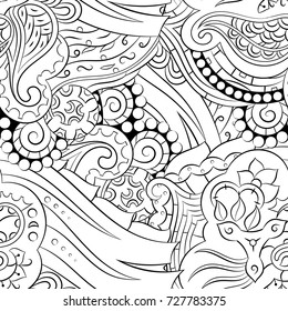Seamless mehndi vector pattern. Hand-made illustration. Black and white binary pattern, monochrome doodle texture.