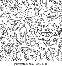 Seamless mehndi vector pattern. Hand-made illustration. Black and white binary pattern, monochrome doodle texture.