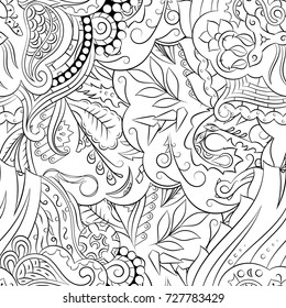 Seamless mehndi vector pattern. Hand-made illustration. Black and white binary pattern, monochrome doodle texture.