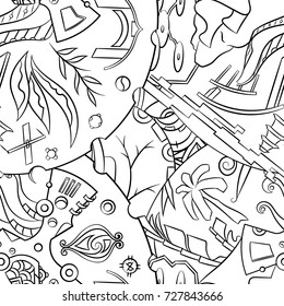 Seamless mehndi vector pattern. Hand-made illustration. Black and white binary pattern, monochrome doodle texture.