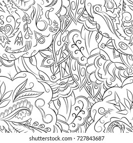 Seamless mehndi vector pattern. Hand-made illustration. Black and white binary pattern, monochrome doodle texture.