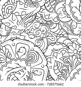 Seamless mehndi vector pattern. Hand-made illustration. Black and white binary pattern, monochrome doodle texture.