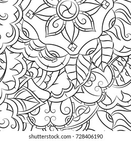 Seamless mehndi vector pattern. Hand-made illustration. Black and white binary pattern, monochrome doodle texture.