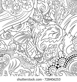 Seamless mehndi vector pattern. Hand-made illustration. Black and white binary pattern, monochrome doodle texture.