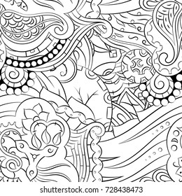 Seamless mehndi vector pattern. Hand-made illustration. Black and white binary pattern, monochrome doodle texture.