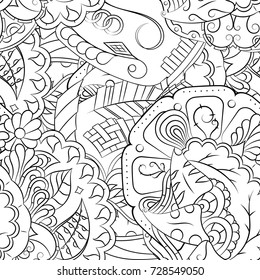 Seamless mehndi vector pattern. Hand-made illustration. Black and white binary pattern, monochrome doodle texture.