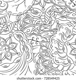 Seamless mehndi vector pattern. Hand-made illustration. Black and white binary pattern, monochrome doodle texture.