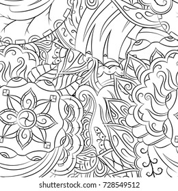 Seamless mehndi vector pattern. Hand-made illustration. Black and white binary pattern, monochrome doodle texture.