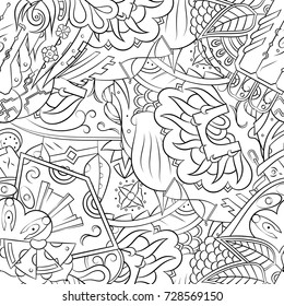 Seamless mehndi vector pattern. Hand-made illustration. Black and white binary pattern, monochrome doodle texture.