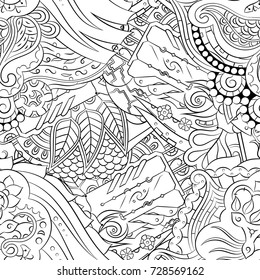 Seamless mehndi vector pattern. Hand-made illustration. Black and white binary pattern, monochrome doodle texture.