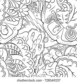 Seamless mehndi vector pattern. Hand-made illustration. Black and white binary pattern, monochrome doodle texture.