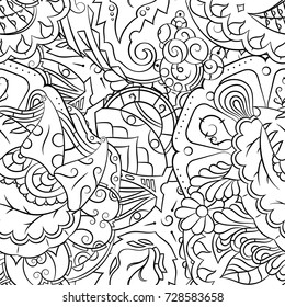 Seamless mehndi vector pattern. Hand-made illustration. Black and white binary pattern, monochrome doodle texture.