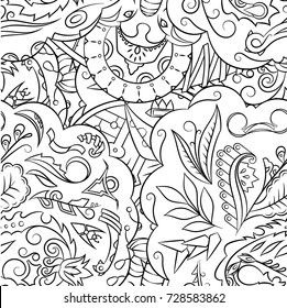 Seamless mehndi vector pattern. Hand-made illustration. Black and white binary pattern, monochrome doodle texture.