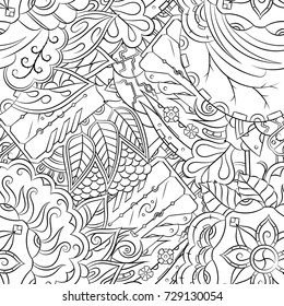 Seamless mehndi vector pattern. Hand-made illustration. Black and white binary pattern, monochrome doodle texture.