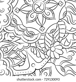 Seamless mehndi vector pattern. Hand-made illustration. Black and white binary pattern, monochrome doodle texture.