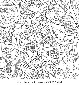 Seamless mehndi vector pattern. Hand-made illustration. Black and white binary pattern, monochrome doodle texture.