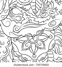 Seamless mehndi vector pattern. Hand-made illustration. Black and white binary pattern, monochrome doodle texture.