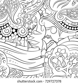 Seamless mehndi vector pattern. Hand-made illustration. Black and white binary pattern, monochrome doodle texture.
