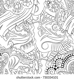 Seamless mehndi vector pattern. Hand-made illustration. Black and white binary pattern, monochrome doodle texture.