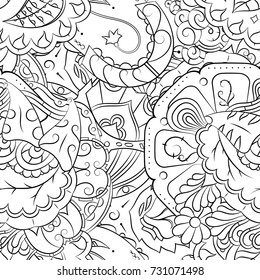 Seamless mehndi vector pattern. Hand-made illustration. Black and white binary pattern, monochrome doodle texture.