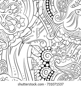 Seamless mehndi vector pattern. Hand-made illustration. Black and white binary pattern, monochrome doodle texture.