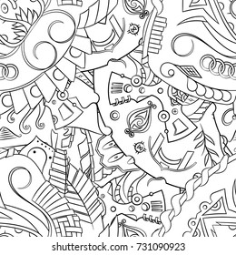 Seamless mehndi vector pattern. Hand-made illustration. Black and white binary pattern, monochrome doodle texture.