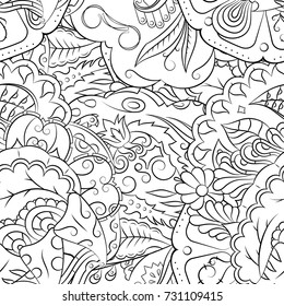 Seamless mehndi vector pattern. Hand-made illustration. Black and white binary pattern, monochrome doodle texture.