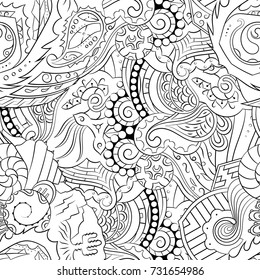 Seamless mehndi vector pattern. Hand-made illustration. Black and white binary pattern, monochrome doodle texture.