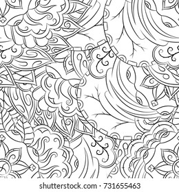 Seamless mehndi vector pattern. Hand-made illustration. Black and white binary pattern, monochrome doodle texture.