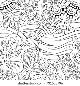 Seamless mehndi vector pattern. Hand-made illustration. Black and white binary pattern, monochrome doodle texture.